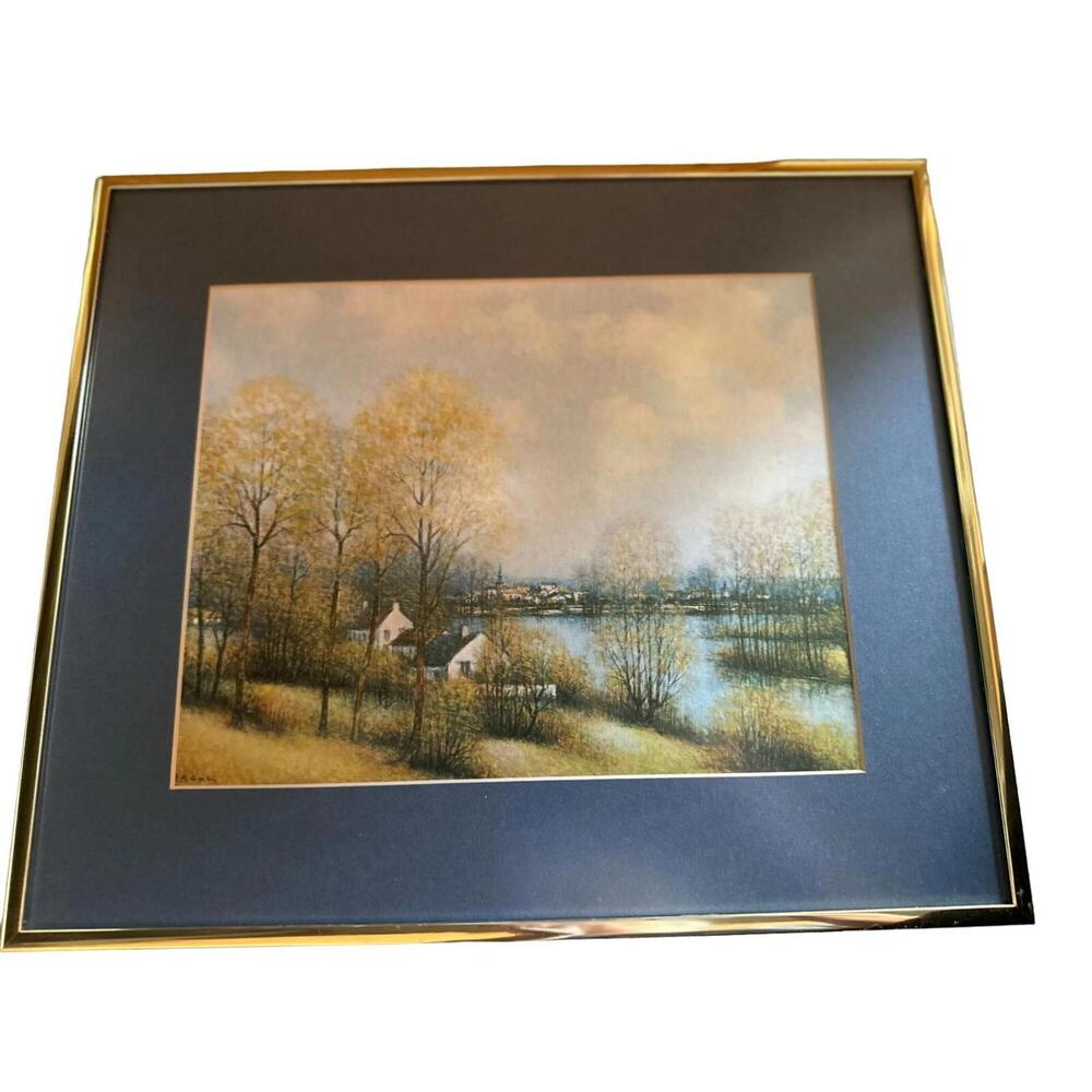 Vintage Jean Louis Vergne River Scene Painting Wall Art Frame Collectible Rare